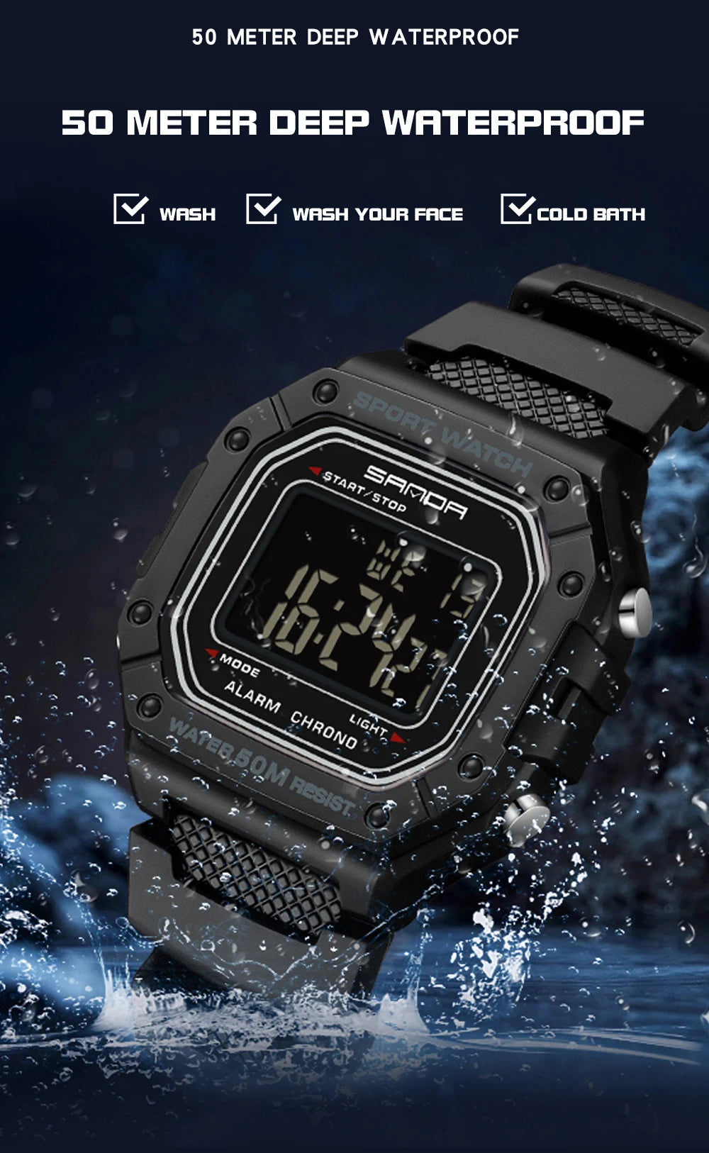SANDA Fashion 2156 Men's Electronic Watch Movement Rectangular Sports Waterproof LED Display Screen Dial Men's Electronic Watch