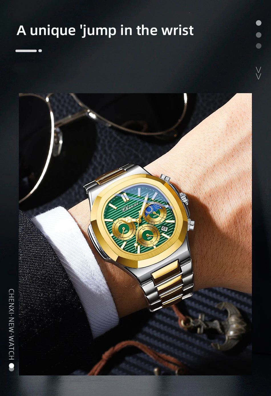 CHENXI Luxury Business Multifunctional Men's Watches Waterproof Chronograph Moonphase Stainless Steel Men's Quartz Watch Casual