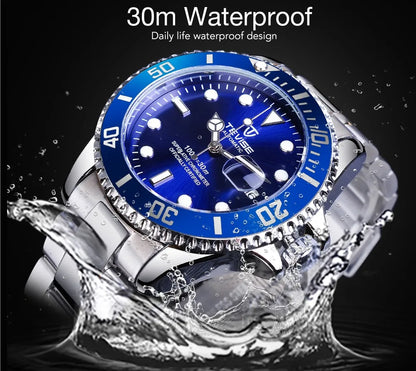 TEVISE Men's Luxury Automatic Mechanical Watch Blue Ocean Dial Stainless Steel Sport Watch, Business Casual Style with Date D