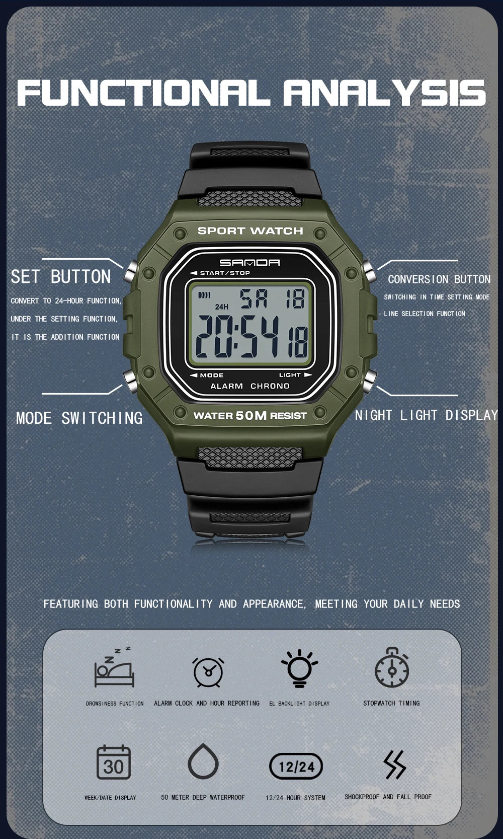 SANDA Fashion 2156 Men's Electronic Watch Movement Rectangular Sports Waterproof LED Display Screen Dial Men's Electronic Watch