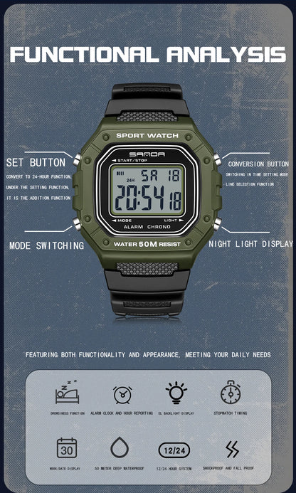SANDA Fashion 2156 Men's Electronic Watch Movement Rectangular Sports Waterproof LED Display Screen Dial Men's Electronic Watch