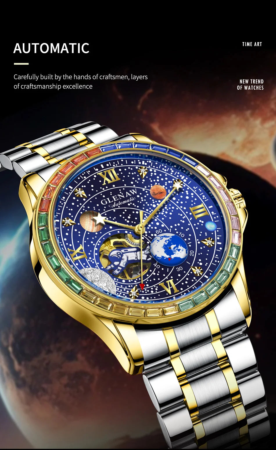 New GLENAW Rotating Earth Mechanical Watch Men Space astronaut dial Night Light Waterproof Stainless Steel Strap Automatic Watch