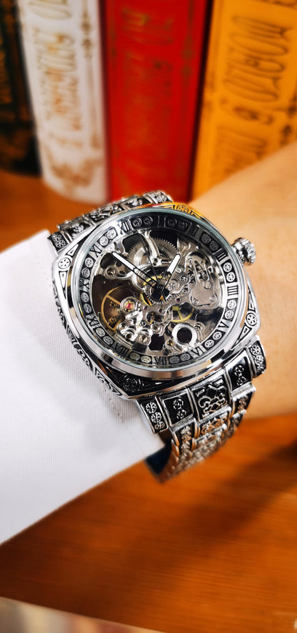 Forsining Gold Square Skeleton Automatic Mechanical Watches Engraved Design Luminous Hands Stainless Steel Strap Retro Men Watch