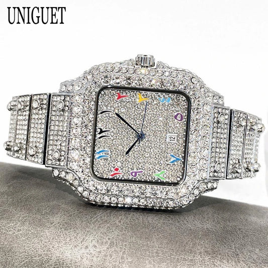 2026 New Luxury Diamond Watch Men Fashion Iced Out Square Colorful Number Watches Hip Hop Bling Jewelry Reloj Hombre for Gift