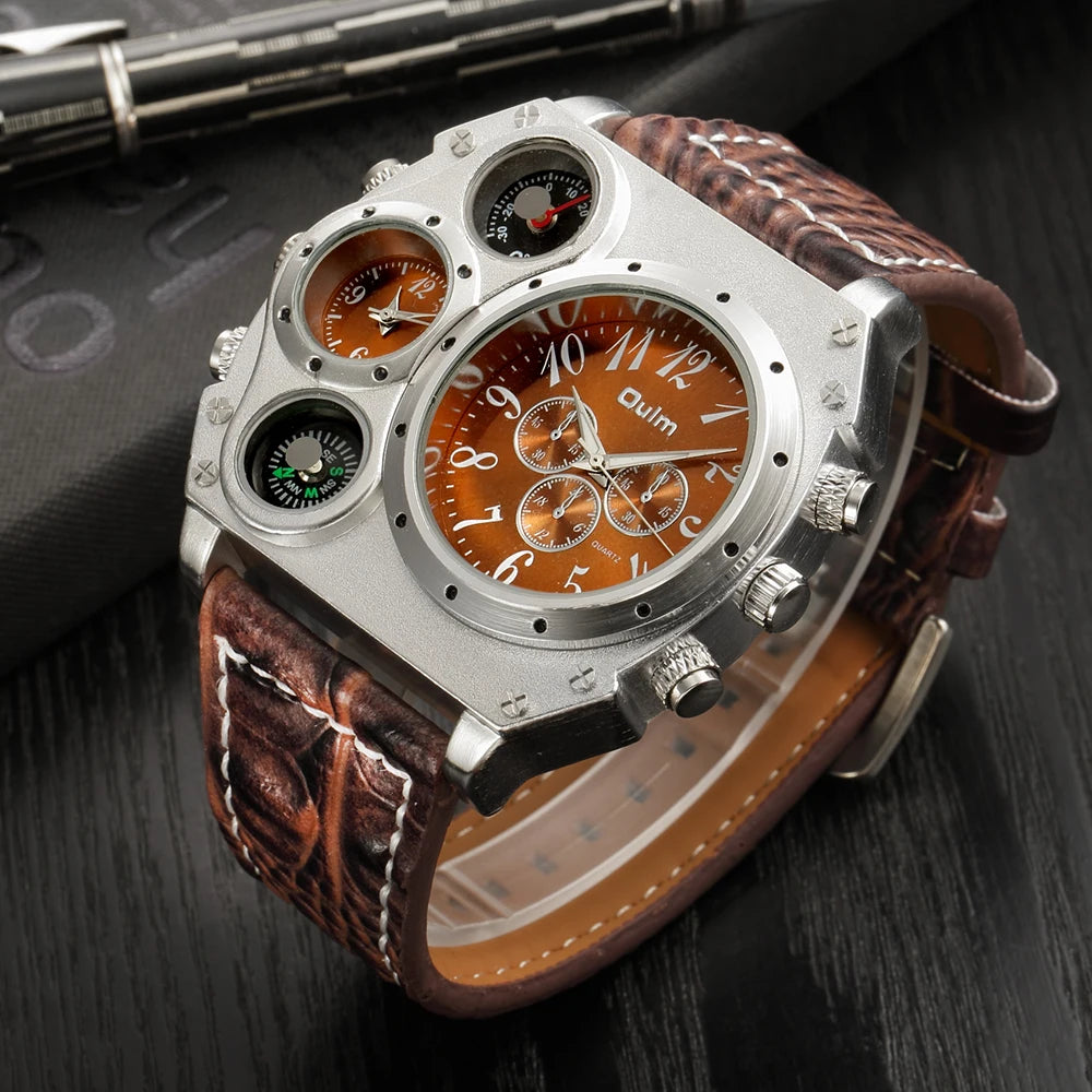 Oulm 1349 Unique Designer Brand Men's Sports Watch Two Time Zone Quartz Watches Big Dial Military Leather Band Wristwatch