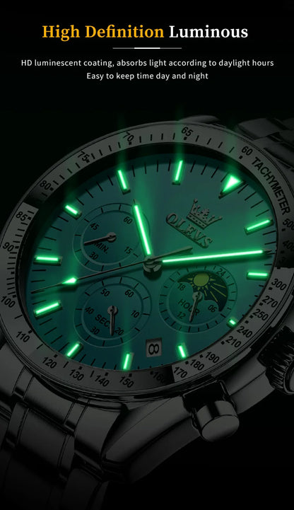 OLEVS Original Quartz Man Watch Stainless Steel Moon Phase Waterproof Chronograph Men's Wristwatches Auto Date Hand Clock 3618