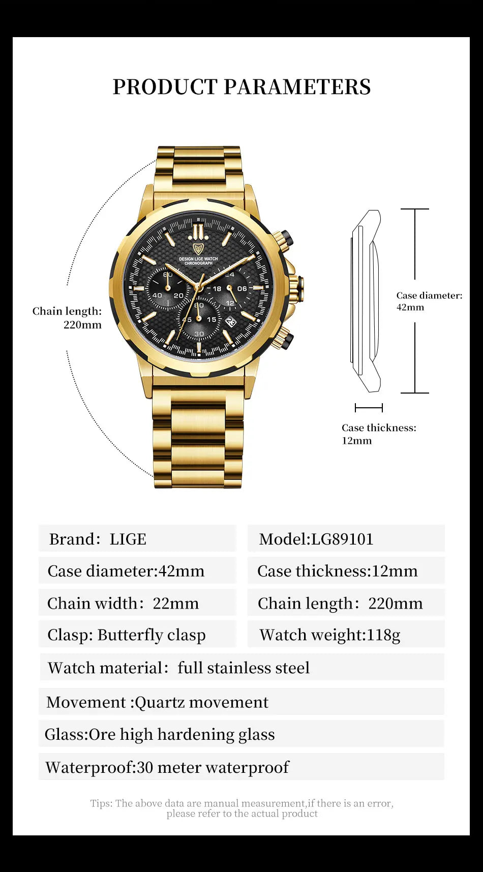 LIGE Luxury Men Watch Top Original Waterproof Luminous Chronograph Man Wristwatch Stainless Steel Quartz Men's Watches Reloj