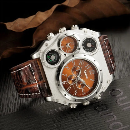 Oulm 1349 Unique Designer Brand Men's Sports Watch Two Time Zone Quartz Watches Big Dial Military Leather Band Wristwatch