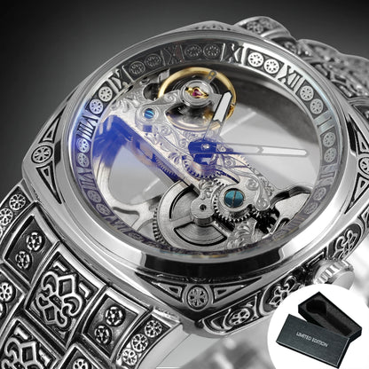 Forsining Vintage Square Skeleton Automatic Mechanical Watch for Men Engraved Case Steel Leather Strap Business Mens Watches