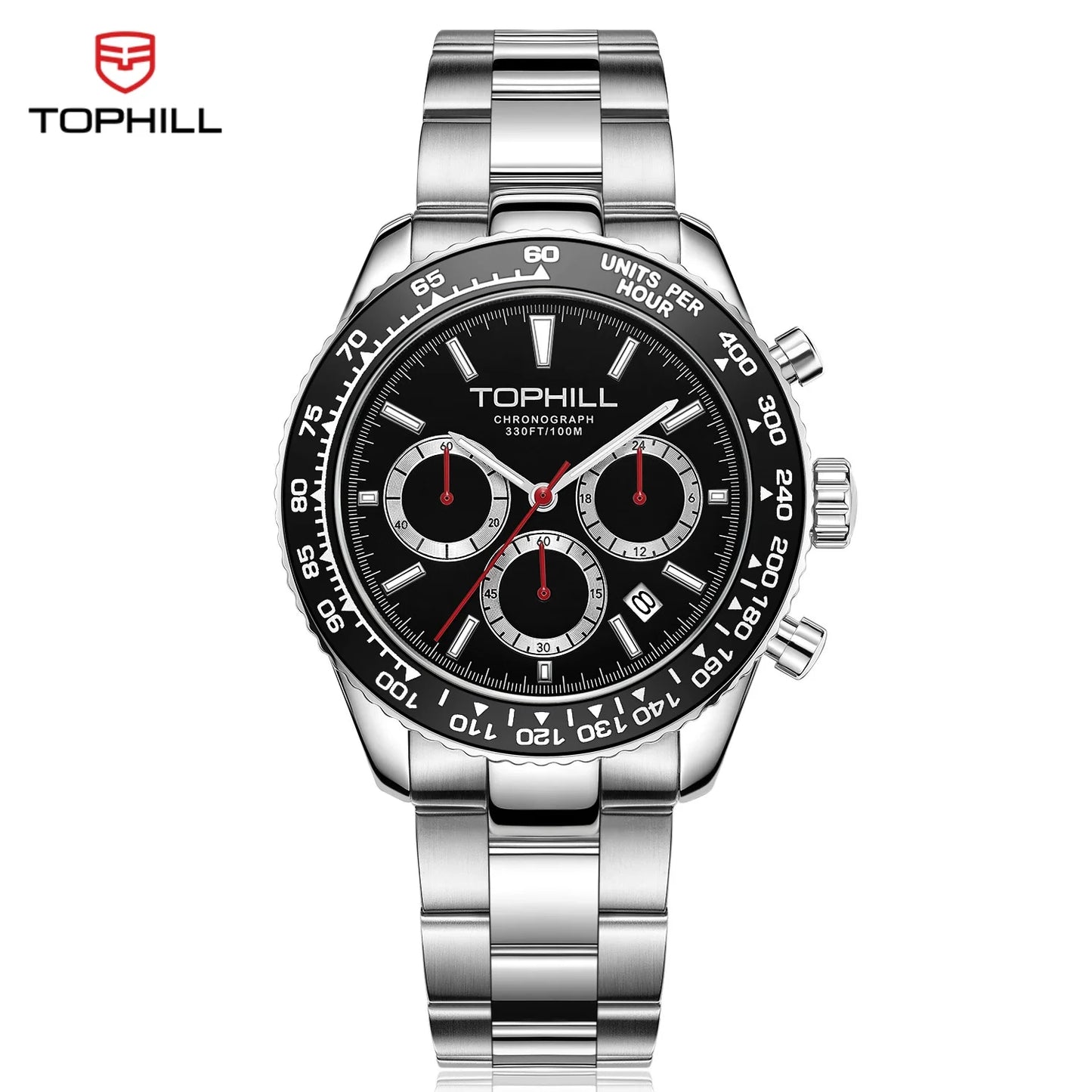 TOPHILL Racing Chronograph Men’s Quartz Watch Panda dial Tachymeter Bezel Sport Wristwatch Stainless Steel 100M Waterproof