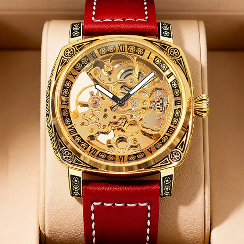 A men's yellow and red casual fashion mechanical watch with finely embossed PU leather