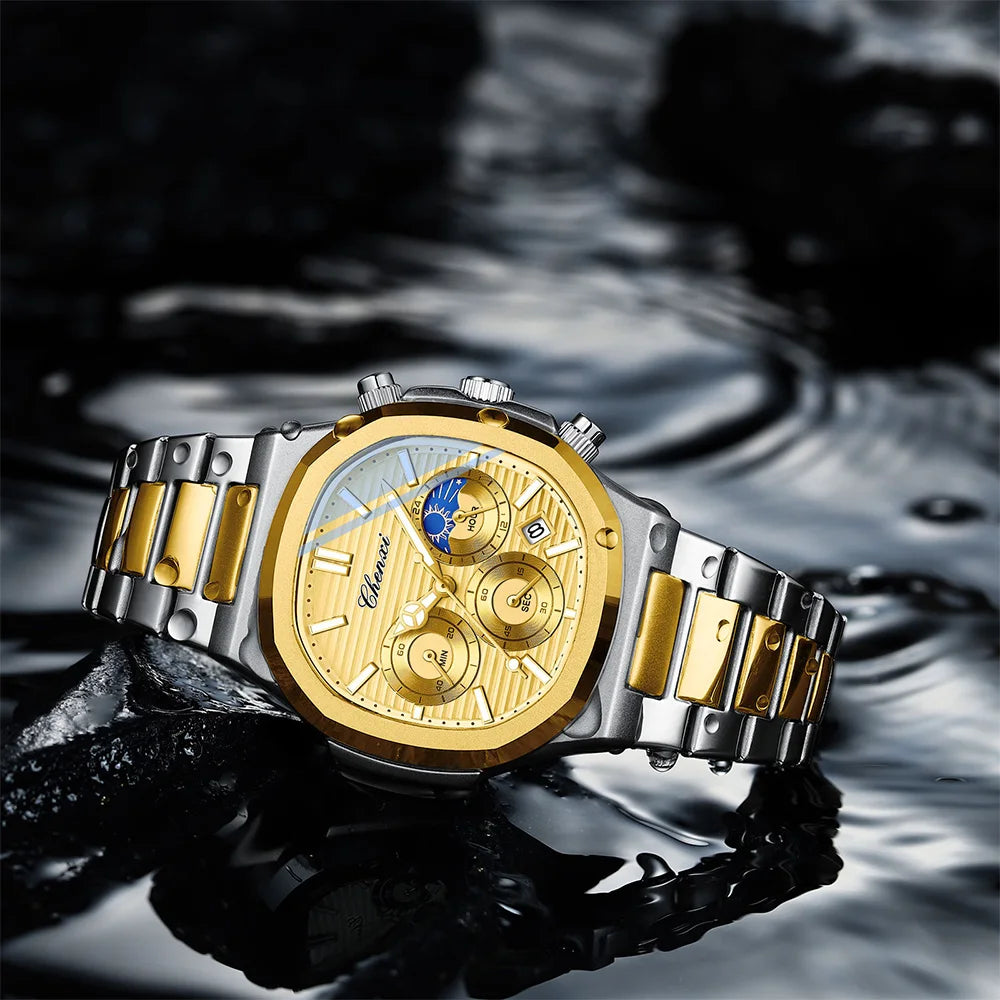 CHENXI Fashion Simple Man's Watches Timing Night Light Waterproof Functions Quartz Watch Room Gold Dial Men's Wristwatch Gift