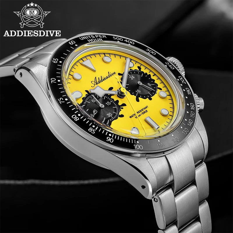 ADDIESDIVE New Luxury Mens Quartz Chronograph Watch VK64 Luxury Wristwatch Ceramic Bezel Stainless Steel 100M Waterproof AD2520