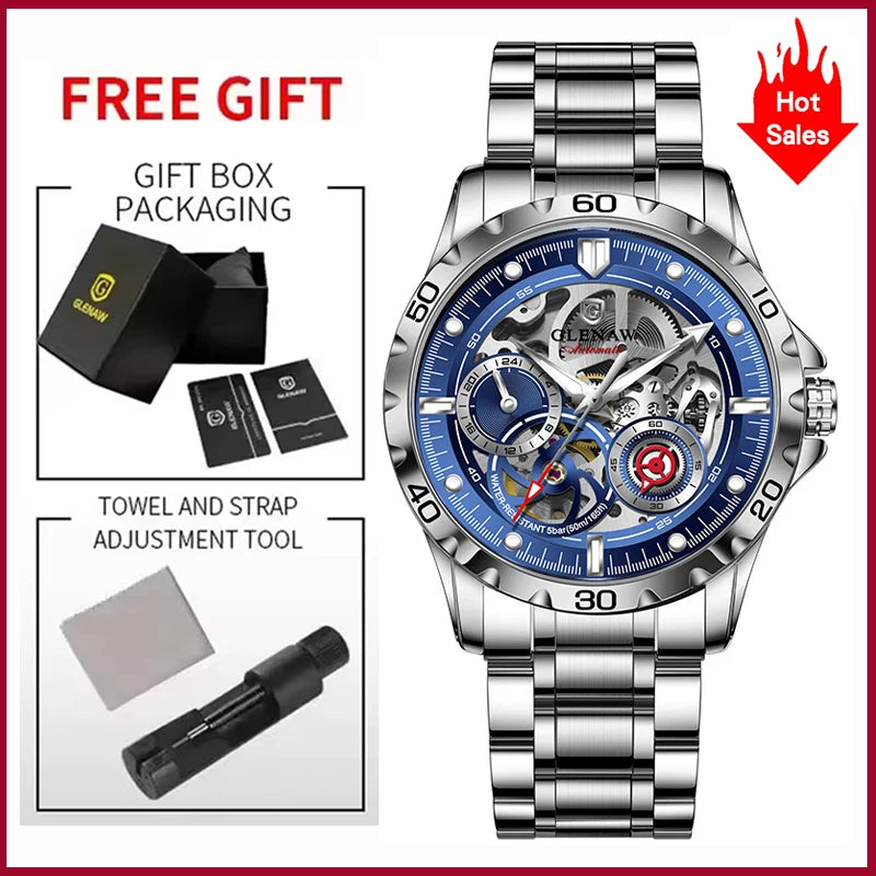 2025 New GLENAW Design Luxury Mechanical Watch Men Stainless Steel Strap Night Light 24-hour Display Waterproof Automatic Watch