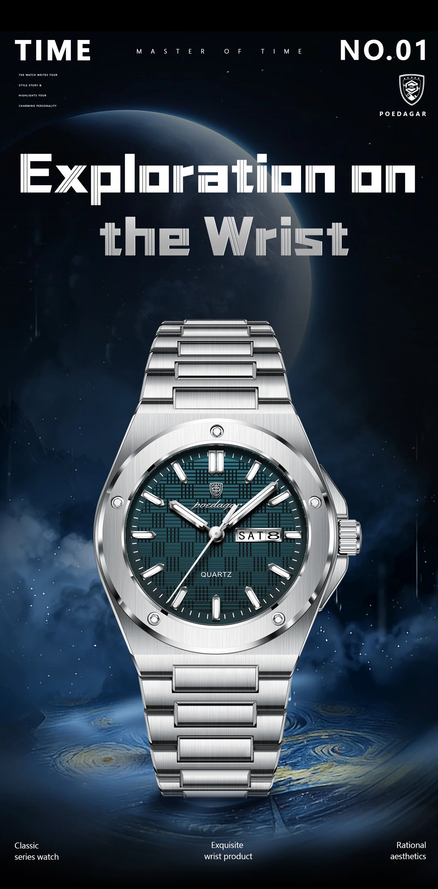 POEDAGAR Original Men Clock Quartz Date Week Luxury Man Wristwatch Waterproof Luminous Stainless Steel Sport Men's Watches Reloj