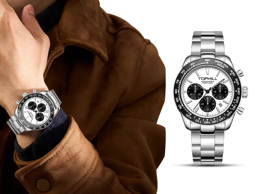 TOPHILL Racing Chronograph Men’s Quartz Watch Panda dial Tachymeter Bezel Sport Wristwatch Stainless Steel 100M Waterproof