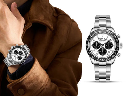 TOPHILL Racing Chronograph Men’s Quartz Watch Panda dial Tachymeter Bezel Sport Wristwatch Stainless Steel 100M Waterproof