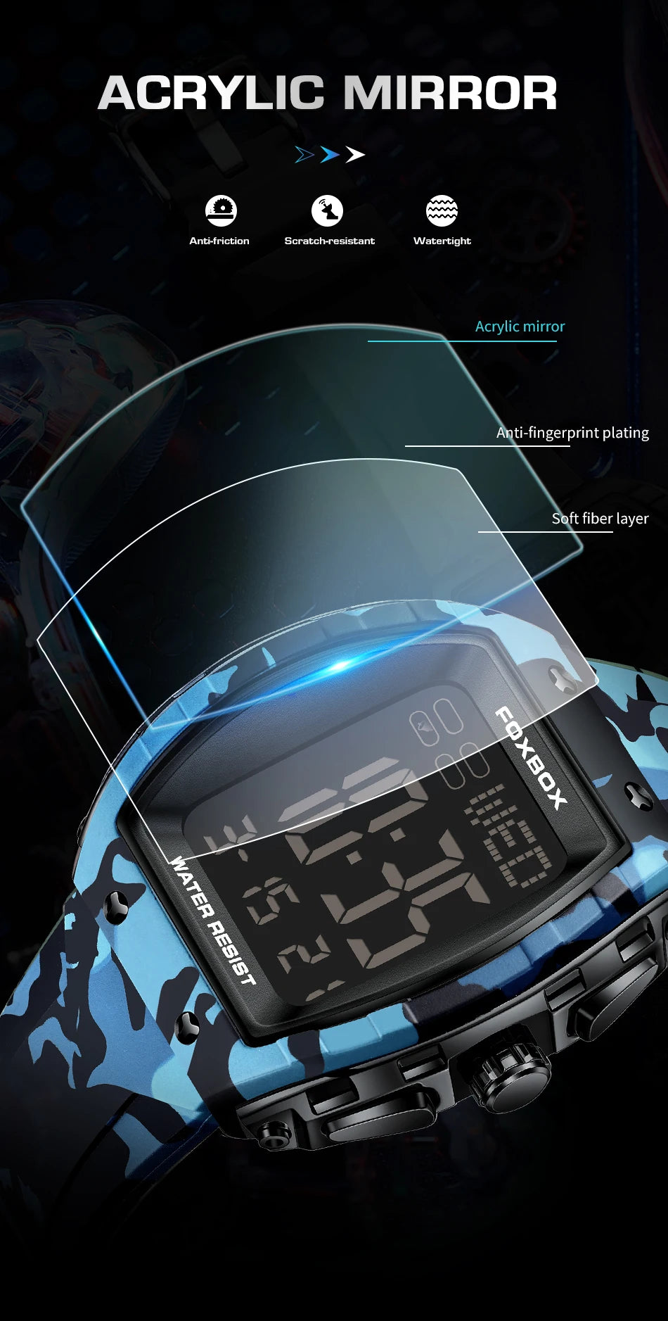 FOXBOX Military Watches For Men Fashion Square Waterproof Luminous Sports Men's Watch LED Electronic Wristwatch Reloj Hombre+BOX