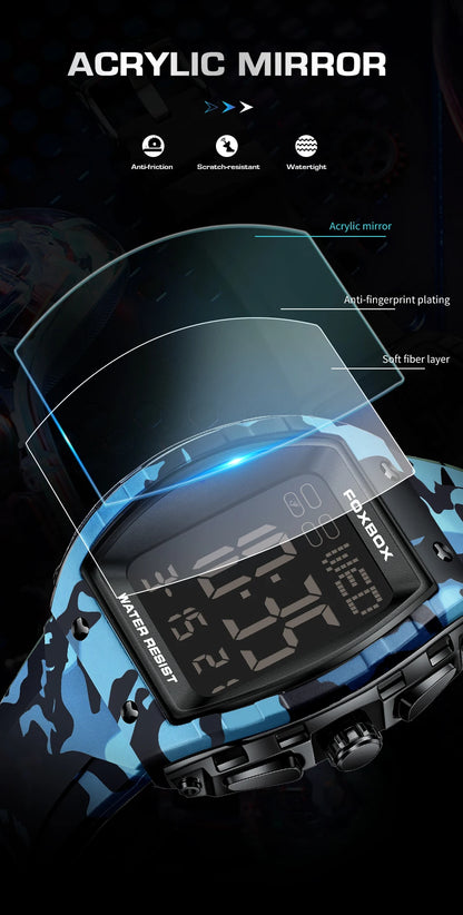 FOXBOX Military Watches For Men Fashion Square Waterproof Luminous Sports Men's Watch LED Electronic Wristwatch Reloj Hombre+BOX