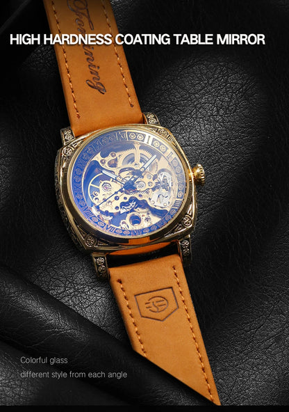 Forsining Royal Retro Skeleton Automatic Mechanical Watch for Men Leather Strap Business Casual Mens Watches Top Brand Gifts New