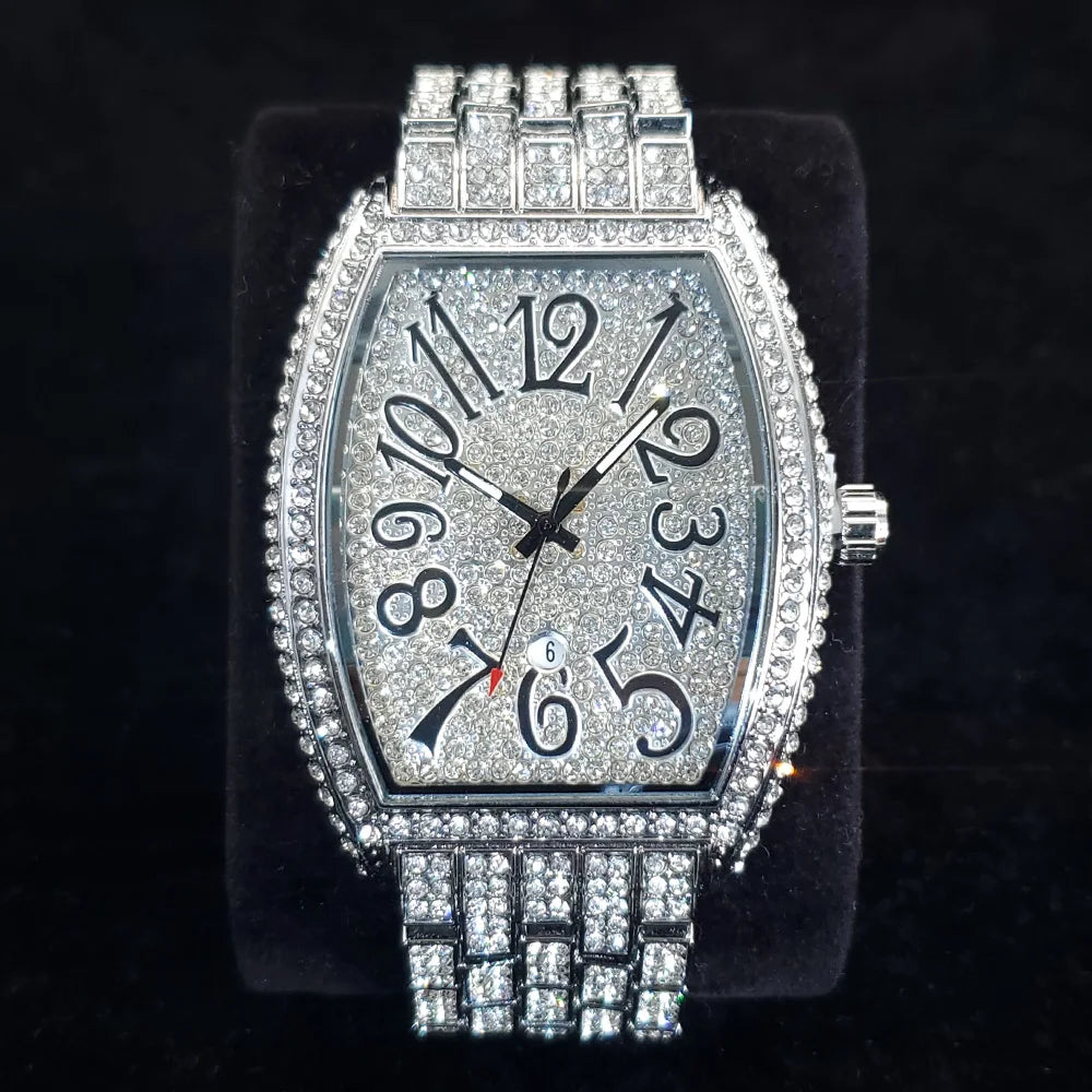 1pcs Quartz Men's Watch Luxury Fashion Wristwatch Hip-Hop Street Style Full Diamond Tonneau Date Watches for Party Accessory