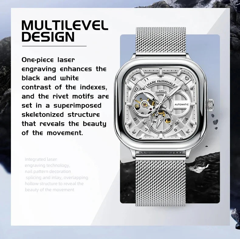 Mark Fairwhale 6014 Men's Automatic Movement Mechanical Watch Square Dial Stainless Steel Waterproof Mesh Strap Watches for Men