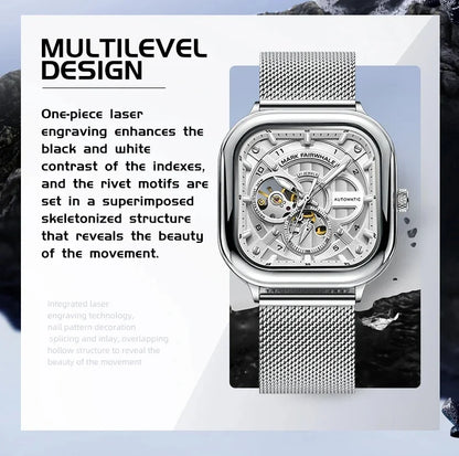 Mark Fairwhale 6014 Men's Automatic Movement Mechanical Watch Square Dial Stainless Steel Waterproof Mesh Strap Watches for Men