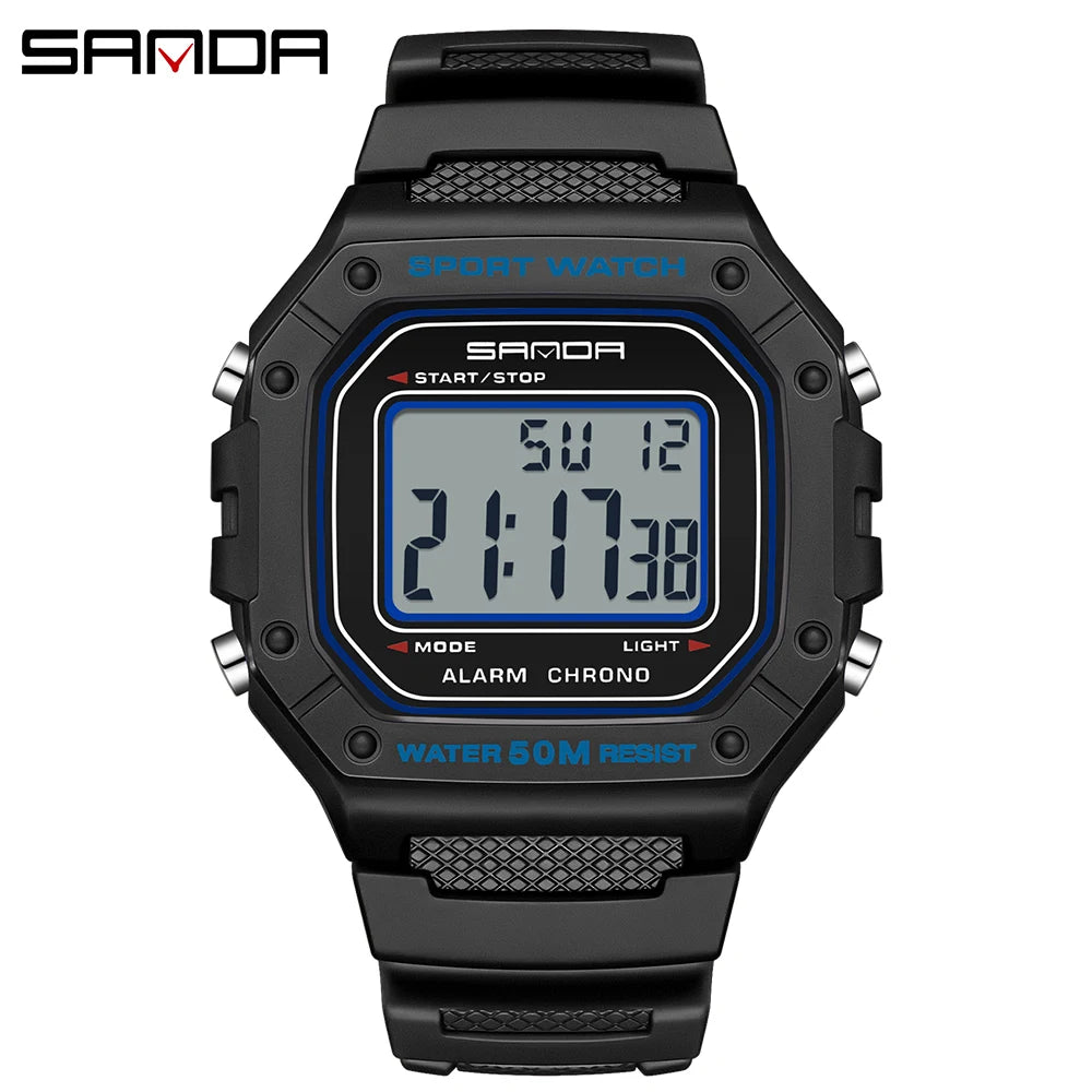 SANDA Fashion 2156 Men's Electronic Watch Movement Rectangular Sports Waterproof LED Display Screen Dial Men's Electronic Watch