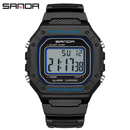 SANDA Fashion 2156 Men's Electronic Watch Movement Rectangular Sports Waterproof LED Display Screen Dial Men's Electronic Watch