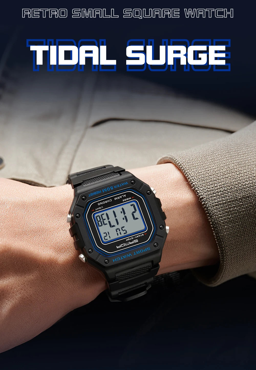 SANDA Fashion 2156 Men's Electronic Watch Movement Rectangular Sports Waterproof LED Display Screen Dial Men's Electronic Watch