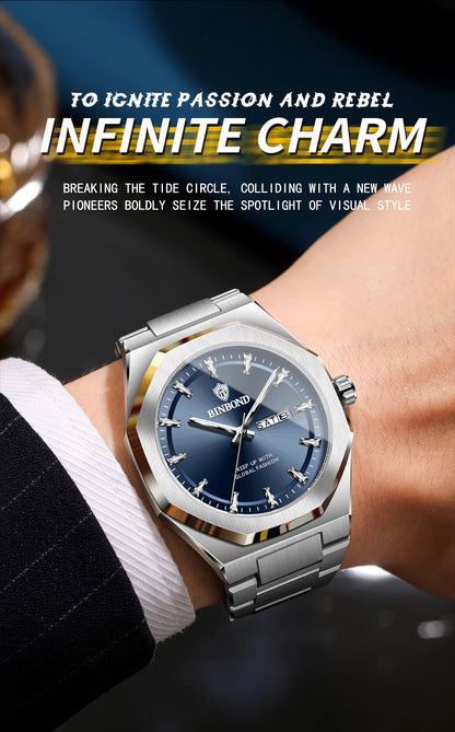 BINBOND Fashionable Men's Quartz Watch Dual Calendar Night Light Waterproof Trend Casual Business Sports Male Quartz Wristwatch