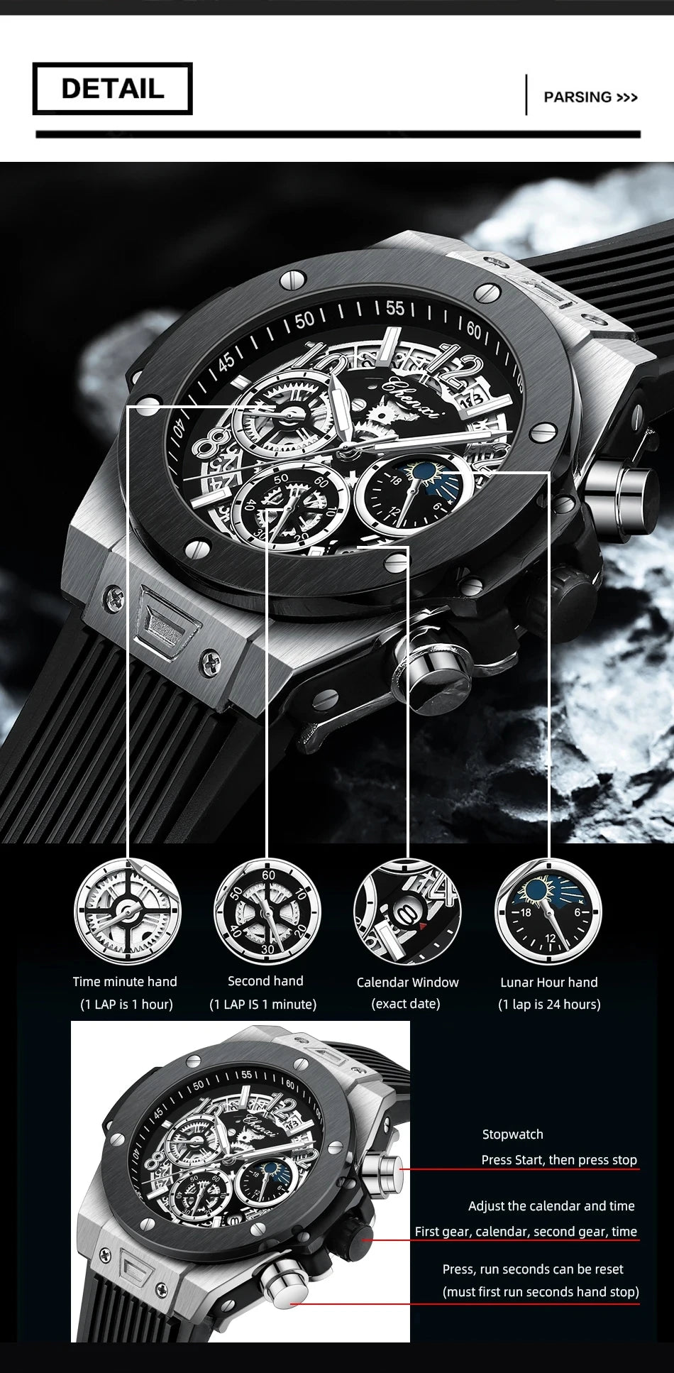 CHENXI Men's Fashion Silicone Chronograph Watch Multifunctional Cool Luminous Quartz Starry Lunar Phases Sport Wristwatch