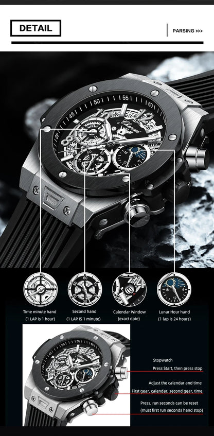 CHENXI Men's Fashion Silicone Chronograph Watch Multifunctional Cool Luminous Quartz Starry Lunar Phases Sport Wristwatch