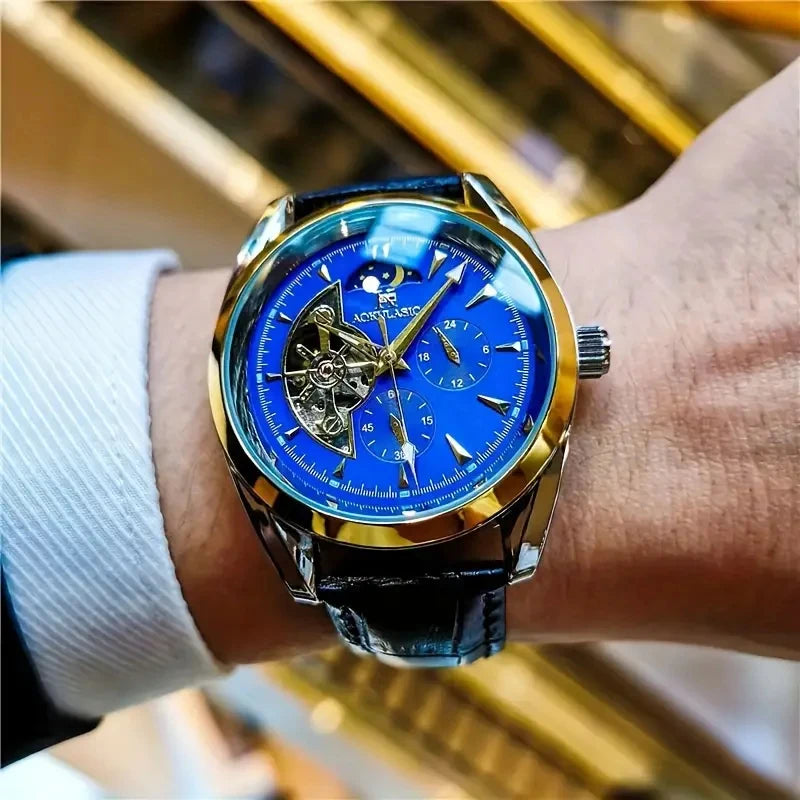 Luxury Men's Automatic Mechanical Watch, Cool Hemispherical Design, Best-Selling Men's Watch, Moon Phase Pointer, Skeleton Design, the Best Gift for Him, No Battery Needed
