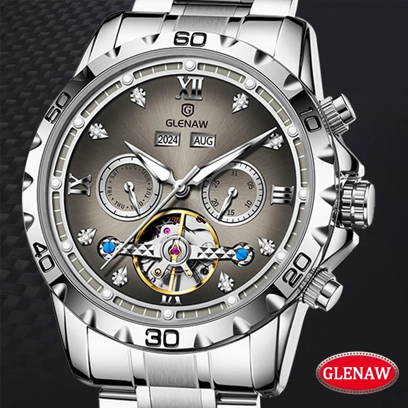 GLENAW NEW Year Month Sunday Multi-functional Mechanical Watch Men luxury Stainless Steel Waterproof Automatic watch steel strip