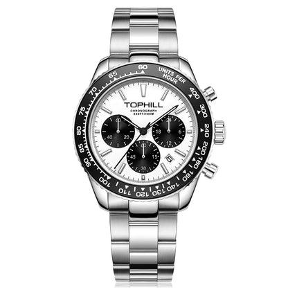 TOPHILL Racing Chronograph Men’s Quartz Watch Panda dial Tachymeter Bezel Sport Wristwatch Stainless Steel 100M Waterproof