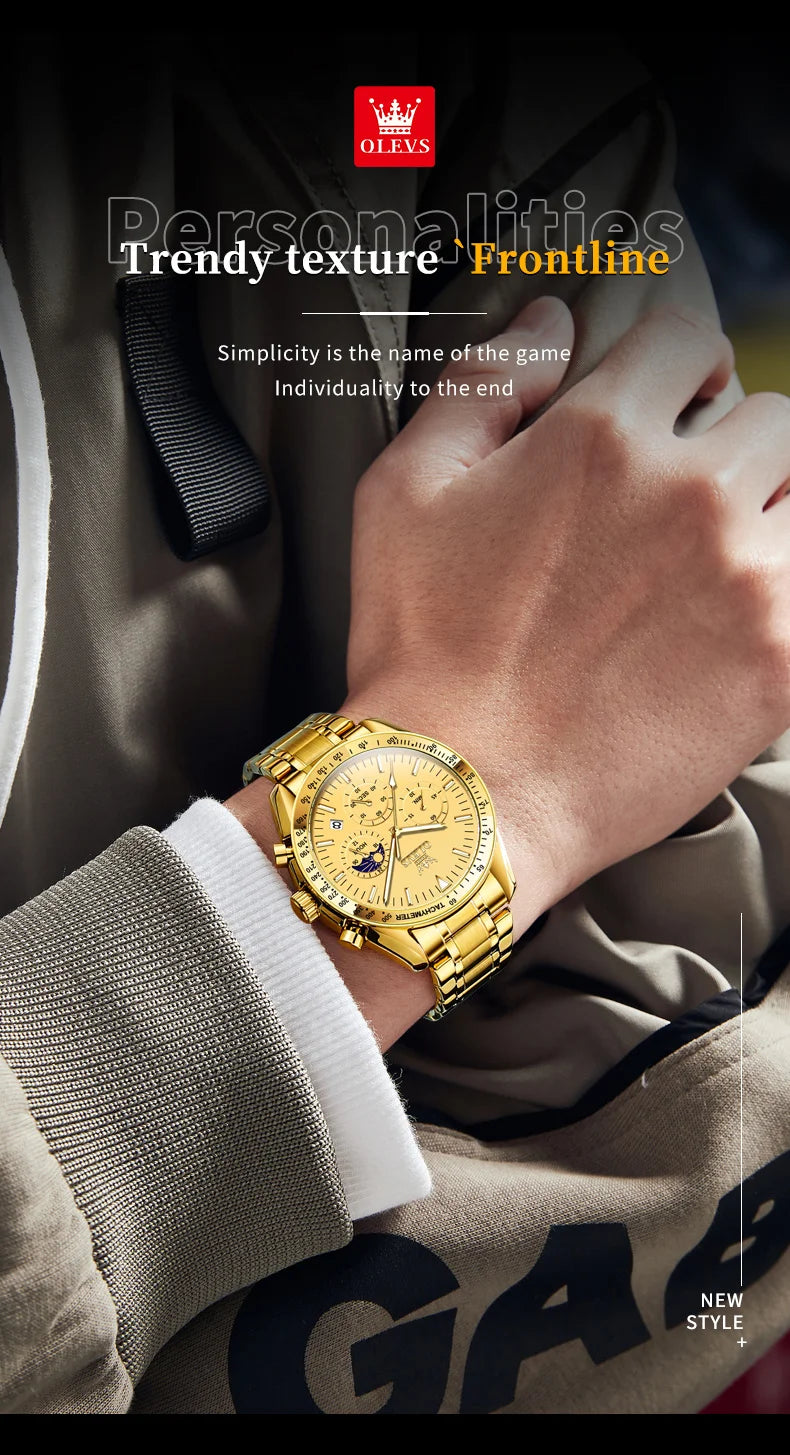 OLEVS Original Quartz Man Watch Stainless Steel Moon Phase Waterproof Chronograph Men's Wristwatches Auto Date Hand Clock 3618