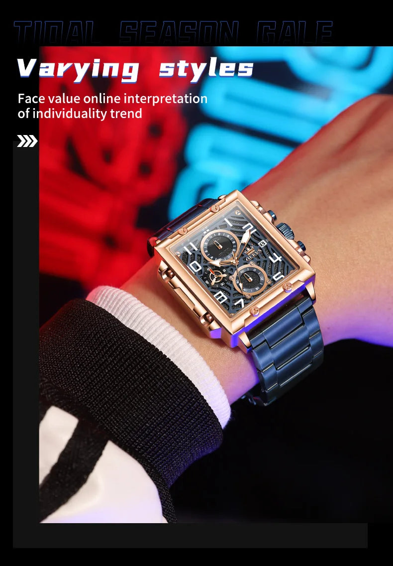 OLEVS Brand Square Multifunctional Quartz Watch for Men Stainless Steel Waterproof Sport Chronograph Mens Watches Reloj Hombre