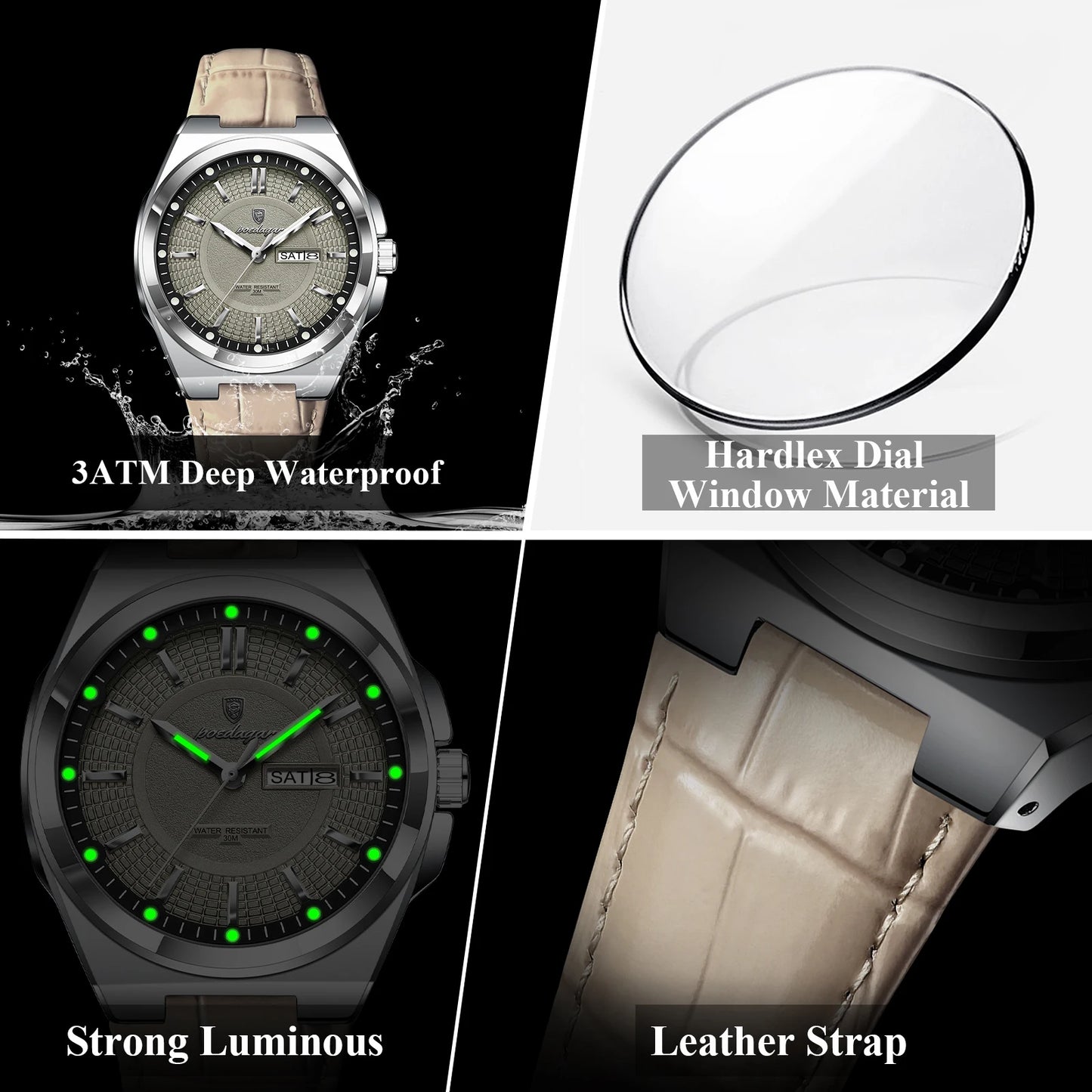POEDAGAR High Quality Fashion Man Wristwatch Waterproof Luminous Date Week Business Quartz Men's Watches Leather Men Watch Reloj