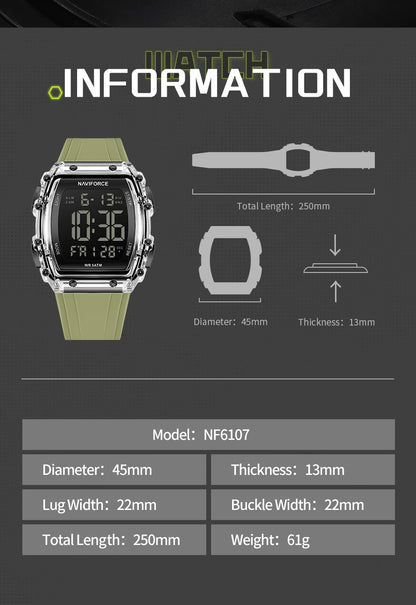 NAVIFROCE Relogio Masculino 2025 Man LCD Display Wristwatches Men Watches Luminous Military Sport Waterproof Quartz Male Clock