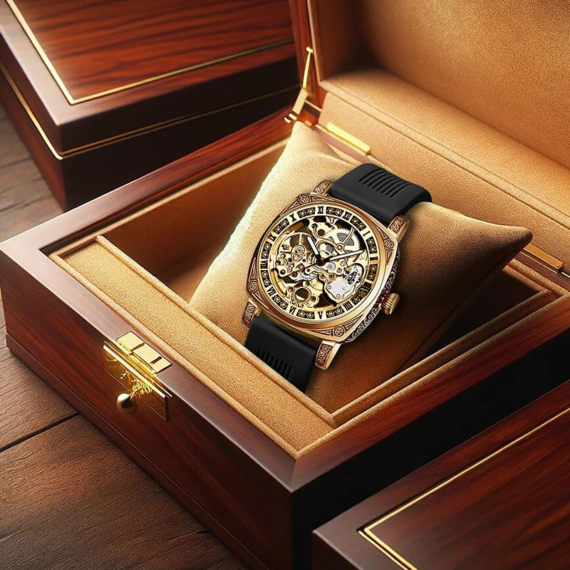 A men's yellow and black casual fashion mechanical watch with exquisite engraved hollow pattern
