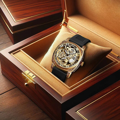A men's yellow and black casual fashion mechanical watch with exquisite engraved hollow pattern