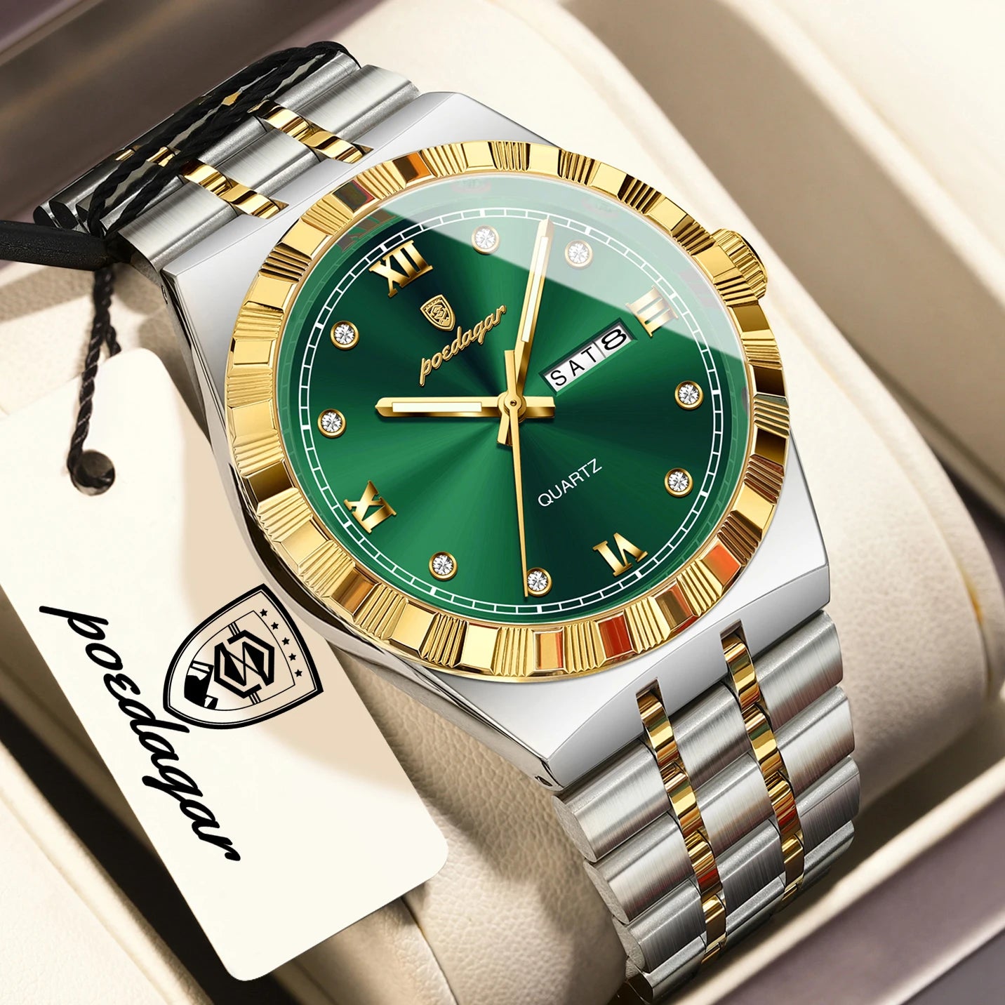 POEDAGAR Business Male Watches Waterproof Luminous Week Date Fashion Men's Wristwatch Stainless Steel Quartz Watch For Men Reloj