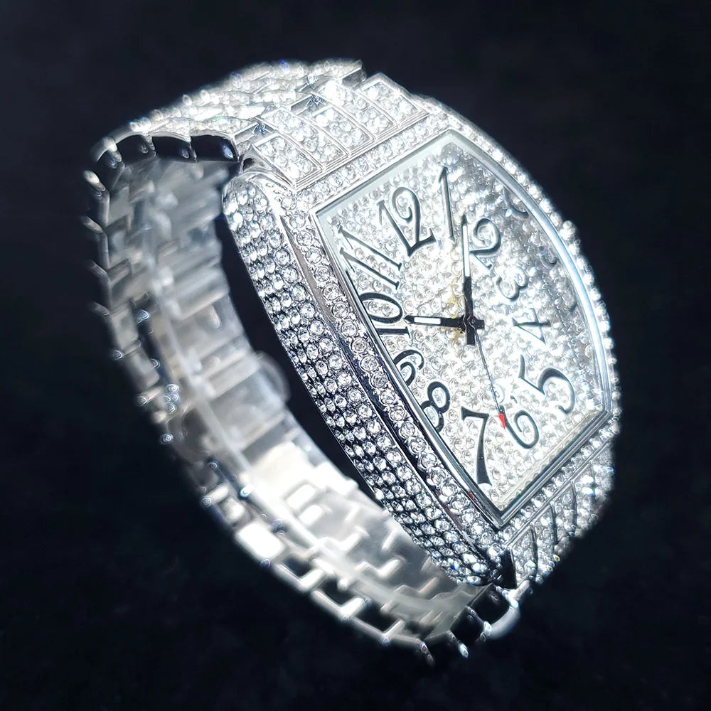 1pcs Quartz Men's Watch Luxury Fashion Wristwatch Hip-Hop Street Style Full Diamond Tonneau Date Watches for Party Accessory