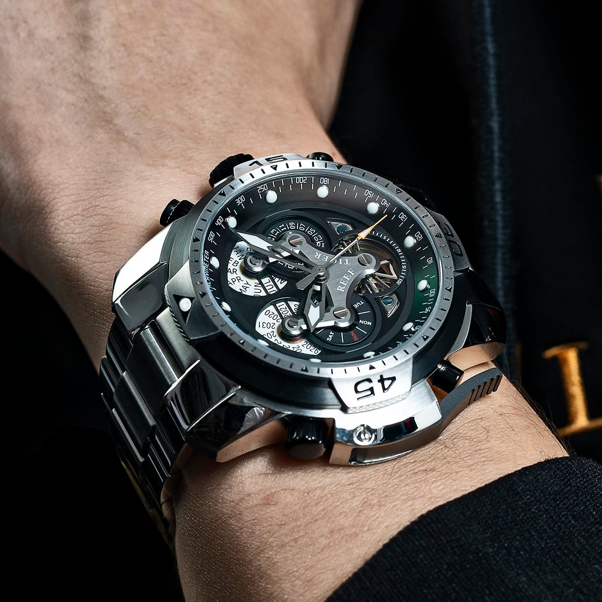 Reef Tiger/RT Designer Stainless Steel Completed Calendar Automatic Watch Men Date Rose Gold Bracelet Mechanical Watches RGA3503