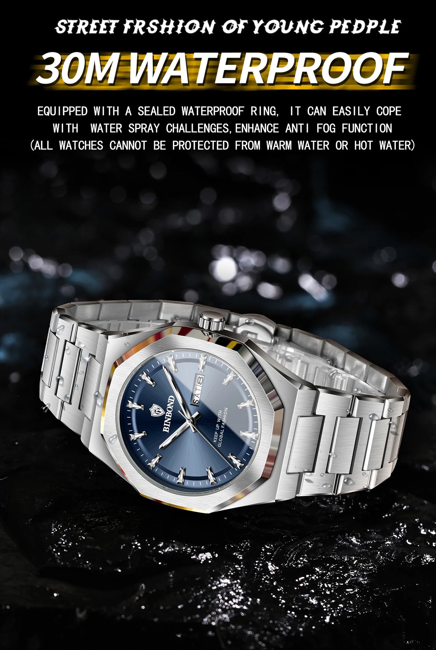 BINBOND Fashionable Men's Quartz Watch Dual Calendar Night Light Waterproof Trend Casual Business Sports Male Quartz Wristwatch