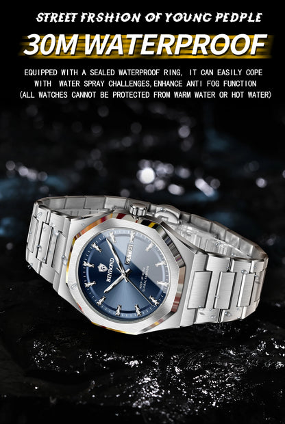 BINBOND Fashionable Men's Quartz Watch Dual Calendar Night Light Waterproof Trend Casual Business Sports Male Quartz Wristwatch