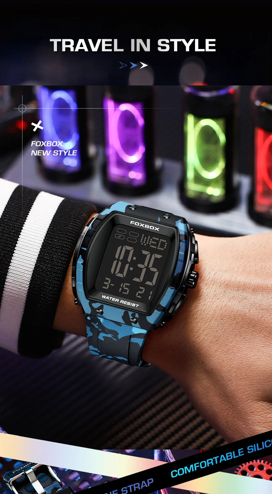 FOXBOX Military Watches For Men Fashion Square Waterproof Luminous Sports Men's Watch LED Electronic Wristwatch Reloj Hombre+BOX