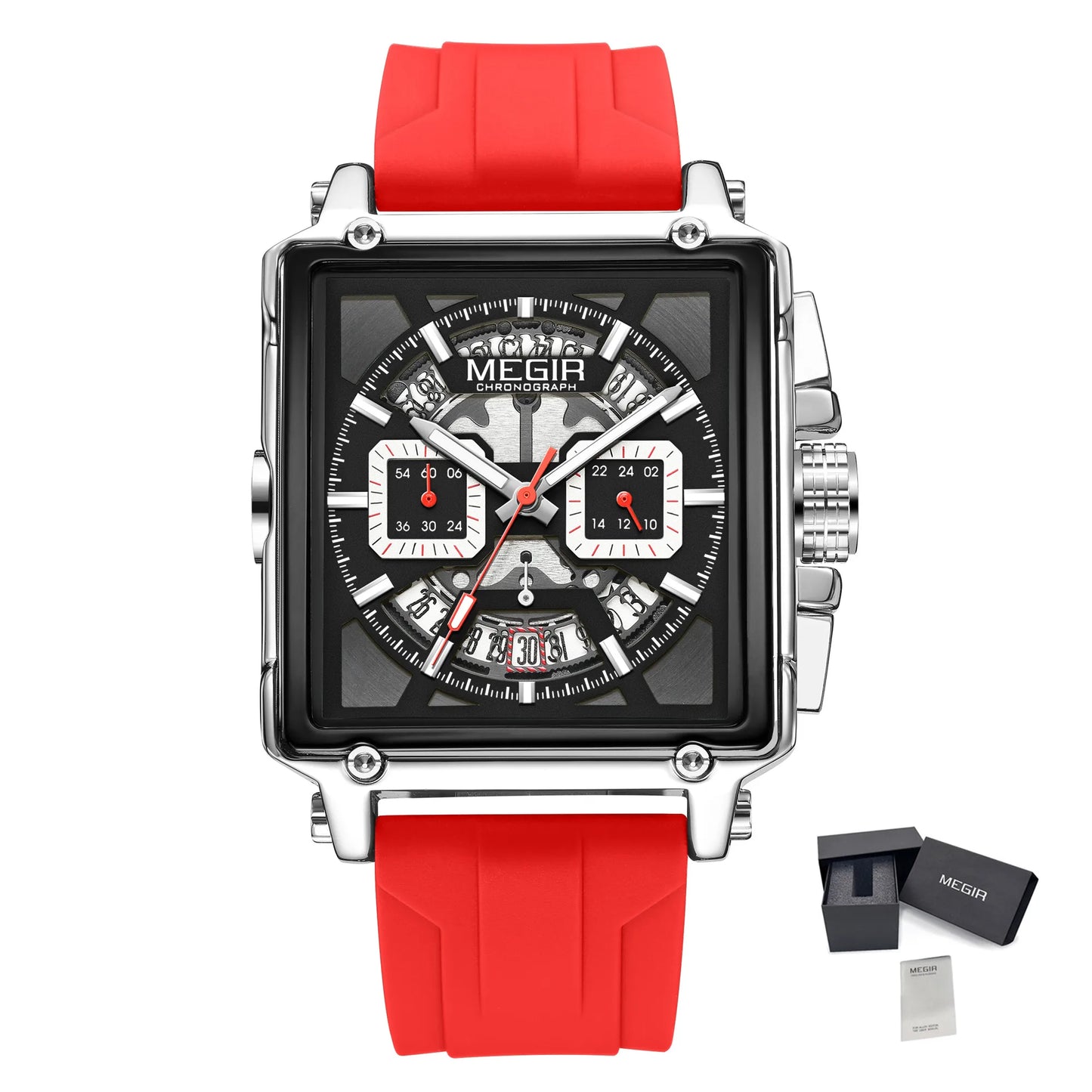 MEGIR Sport Watches for Men Waterproof Quartz Military Wristwatches Square Dial Male Chronograph Watch 24-hour Reloj Hombre 2233