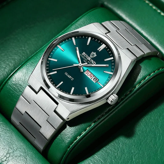 BINBOND Men's Fashion Business Watch Quartz Movement Stainless Steel Buckle Waterproof Luminous Calendar Leisure Watch